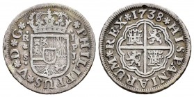 Felipe V (1700-1746). 1 real. 1738. Sevilla. PJ. (Cal 2008-1724). (Cal 2019-661). Ag. 2,78 g. Golpe de punzón en reverso a las 12 h. MBC. Est...30,00....