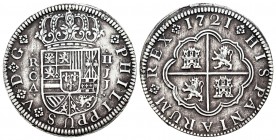 Felipe V (1700-1746). 2 reales. 1721. Cuenca. JJ. (Cal 2008-1162). (Cal 2019-671). Ag. 5,87 g. MBC+. Est...75,00. English: Philip V (1700-1746). 2 rea...