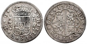 Felipe V (1700-1746). 2 reales. 1721. Madrid. A. (Cal 2008-1248). (Cal 2019-774). Ag. 4,91 g. Leones con corona y rosetas de cinco pétalos acotando ce...