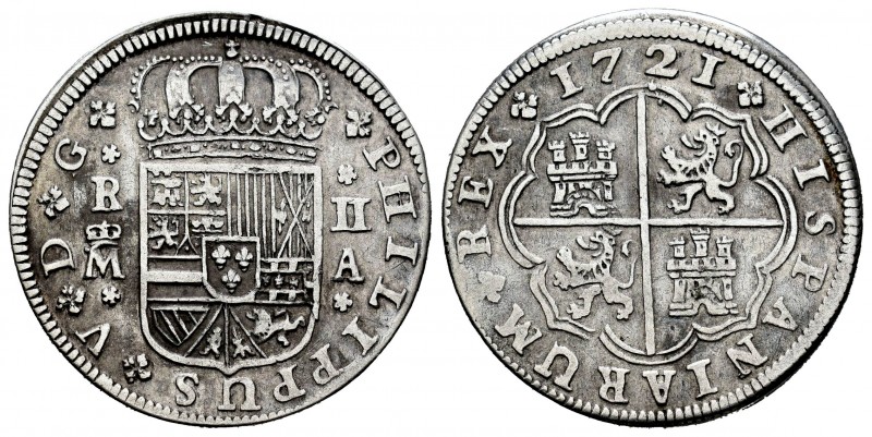 Felipe V (1700-1746). 2 reales. 1721. Madrid. A. (Cal 2008-1248). (Cal 2019-774)...