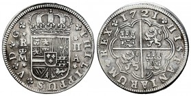 Felipe V (1700-1746). 2 reales. 1721. Madrid. A. (Cal 2008-1248). (Cal 2019-774). Ag. 5,48 g. MBC-/MBC. Est...50,00. English: Philip V (1700-1746). 2 ...