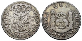 Felipe V (1700-1746). 2 reales. 1745. México. M. (Cal 2008-1297). (Cal 2019-833). Ag. 6,60 g. MBC-. Est...100,00. English: Philip V (1700-1746). 2 rea...