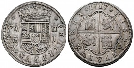 Felipe V (1700-1746). 2 reales. 1717. Segovia. J. (Cal 2008-1387). (Cal 2019-944). Ag. 5,23 g. Acueducto de dos arcos en un piso. Restos de brillo ori...