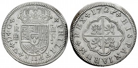 Felipe V (1700-1746). 2 reales. 1721. Segovia. F. (Cal 2008-1398). Ag. 6,13 g. Ensayador F grande. Exceso de metal en la fecha yligero final de riel. ...