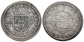 Felipe V (1700-1746). 2 reales. 1721. Segovia. F. (Cal 2008-1401). (Cal 2019-954). Ag. 5,76 g. Ceca y ensayador grande. MBC. Est...80,00. English: Phi...
