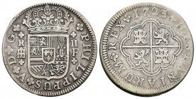 Felipe V (1700-1746). 2 reales. 1723/2/1. Segovia. F. (Cal 2008-1403). (Cal 2019-957). Ag. 5,48 g. Doble sobrefecha. MBC-. Est...20,00. English: Phili...