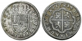 Felipe V (1700-1746). 2 reales. 1721. Sevilla. J. (Cal 2008-1423). (Cal 2019-979). Ag. 5,94 g. MBC+/MBC. Est...75,00. English: Philip V (1700-1746). 2...