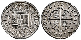 Felipe V (1700-1746). 2 reales. 1723. Sevilla. J. (Cal 2008-1425). (Cal 2019-981). Ag. 5,47 g. Buen ejemplar. Ligero tono. EBC. Est...125,00. English:...