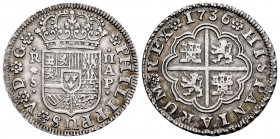 Felipe V (1700-1746). 2 reales. 1736. Sevilla. AP. (Cal 2008-1438). (Cal 2019-993). Ag. 5,94 g. Bella. Parte de brillo original. Escasa. EBC. Est...17...