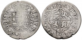 Felipe V (1700-1746). 4 reales. 1718. Sevilla. M. (Cal 2008-1143). (Cal 2019-1222). Ag. 9,69 g. Leyenda del anverso terminada en DEI G y Armas de Borg...