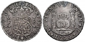 Felipe V (1700-1746). 8 reales. 1744. México. MF. (Cal 2008-797). (Cal 2019-1131). Ag. 26,56 g. Agujero tapado a las 12 h. MBC+. Est...150,00. English...