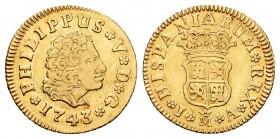 Felipe V (1700-1746). 1/2 escudo. 1743. Madrid. JA. (Cal 2008-573). (Cal 2019-1635). Au. 1,77 g. MBC. Est...150,00. English: Philip V (1700-1746). 1/2...