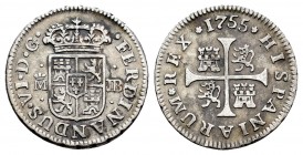 Fernando VI (1746-1759). 1/2 real. 1755. Madrid. JB. (Cal 2008-655). (Cal 2019-73). Ag. 1,37 g. MBC+. Est...50,00. English: Ferdinand VI (1746-1759). ...