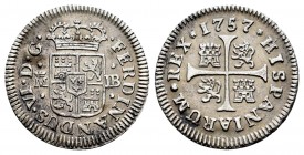 Fernando VI (1746-1759). 1/2 real. 1757. Madrid. JB. (Cal 2008-657). (Cal 2019-75). Ag. 1,41 g. EBC-/EBC. Est...70,00. English: Ferdinand VI (1746-175...