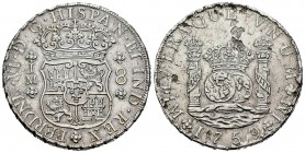 Fernando VI (1746-1759). 8 reales. 1759. Lima. JM. (Cal 2008-319). (Cal 2019-467). Ag. 26,67 g. Golpes en el canto y hojas en reverso. MBC+. Est...175...