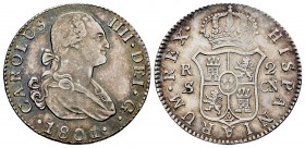 Carlos IV (1788-1808). 2 reales. 1801. Sevilla. CN. (Cal 2008-1065). (Cal 2019-722). Ag. 5,99 g. Preciosa pátina. Ex Áureo&Calicó (26/10/2010), lote 1...