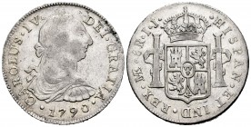 Carlos IV (1788-1808). 8 reales. 1790. Lima. IJ. (Cal 2008-642). (Cal 2019-904). Ag. 26,95 g. Busto de Carlos III y ordinal IV. Escasa. MBC. Est...120...