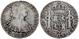 Carlos IV (1788-1808). 8 reales. 1800. Lima. IJ. (Cal 2008-655). Ag. 26,32 g. Pequeños resellos orientales. BC+. Est...50,00. English: Charles IV (178...