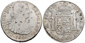 Carlos IV (1788-1808). 8 reales. 1805. Lima. JP. (Cal 2008-662 variante). (Cal 2019-925 variante). Ag. 26,51 g. Resellos orientales. MBC-. Est...50,00...