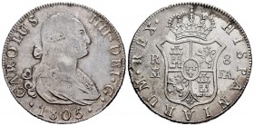 Carlos IV (1788-1808). 8 reales. 1805. Madrid. FA. (Cal 2008-943). Ag. 26,56 g. Leves oxidacionesen reverso. Limpiada. MBC+. Est...160,00. English: Ch...