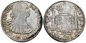 Carlos IV (1788-1808). 8 reales. 1793. México. FM. (Cal 2008-686). Ag. 26,88 g. MBC-. Est...50,00. English: Charles IV (1788-1808). 8 reales. 1793. Mé...