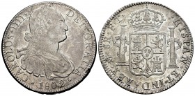 Carlos IV (1788-1808). 8 reales. 1802. México. FT. (Cal 2008-698). (Cal 2019-975). Ag. 26,80 g. Atractiva. Parte de brillo original. Escasa en esta co...