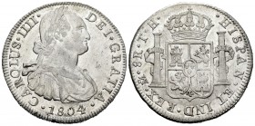 Carlos IV (1788-1808). 8 reales. 1804. México. TH. (Cal 2008-701). (Cal 2019-980). Ag. 26,98 g. Restos de brillo original. EBC-. Est...90,00. English:...