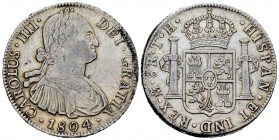 Carlos IV (1788-1808). 8 reales. 1804. México. TH. (Cal 2008-701). Ag. 26,93 g. MBC/MBC+. Est...60,00. English: Charles IV (1788-1808). 8 reales. 1804...