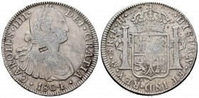 Carlos IV (1788-1808). 8 reales. 1804. México. TH. (Cal 2008-701). Ag. 26,56 g. Resello BB en anverso. MBC-. Est...45,00. English: Charles IV (1788-18...