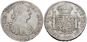 Carlos IV (1788-1808). 8 reales. 1807. México. TH. (Cal 2008-707). Ag. 26,94 g. MBC+. Est...90,00. English: Charles IV (1788-1808). 8 reales. 1807. Mé...