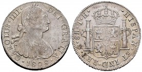 Carlos IV (1788-1808). 8 reales. 1808. México. TH. (Cal 2008-709). Ag. 26,65 g. Golpes en reverso. MBC. Est...50,00. English: Charles IV (1788-1808). ...
