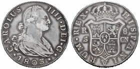 Carlos IV (1788-1808). 8 reales. 1803. Sevilla. CN. (Cal 2008-778). (Cal 2019-1065). Ag. 26,95 g. MBC-. Est...120,00. English: Charles IV (1788-1808)....
