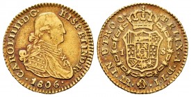Carlos IV (1788-1808). 1 escudo. 1806. Santa Fe de Nuevo Reino. JJ. (Cal 2008-581). (Cal 2019-1221). Au. 3,30 g. Bonito color. MBC+. Est...140,00. Eng...