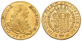 Carlos IV (1788-1808). 2 escudos. 1790. Madrid. MF. (Cal 2008-324). (Cal 2019-1275). Au. 6,74 g. Restos de brillo original. EBC-/EBC. Est...280,00. En...