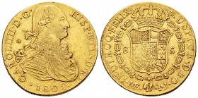 Carlos IV (1788-1808). 8 escudos. 1802. Lima. IJ. (Cal 2008-21). (Cal 2019-1603). (Cal onza-998). Au. 27,00 g. Busto Propio. Resello cuatrilobular en ...