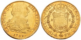 Carlos IV (1788-1808). 8 escudos. 1789. México. FM. (Cal 2008-36). (Cal 2019-1627). (Cal onza-1015). Au. 27,05 g. Busto de Carlos III y ordinal IV. Re...
