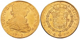 Carlos IV (1788-1808). 8 escudos. 1790. México. FM. (Cal 2019-1628). Au. 27,05 g. Busto de Carlos III y ordinal IV. Leve vano en reverso. Restos de br...