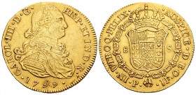 Carlos IV (1788-1808). 8 escudos. 1799. Popayán. JF. (Cal 2008-78). (Cal 2019-1671). (Cal onza-1061). Au. 26,98 g. MBC/MBC+. Est...1000,00. English: C...