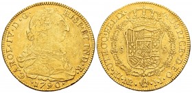 Carlos IV (1788-1808). 8 escudos. 1790. Santa Fe de Nuevo Reino. JJ. (Cal 2019-1717). Au. 26,99 g. Busto de Carlos III y ordianl IV. Estuvo en aro. MB...