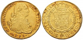 Carlos IV (1788-1808). 8 escudos. 1792. Santa Fe de Nuevo Reino. JJ. (Cal 2019-1721). Au. 27,00 g. MBC+. Est...1000,00. English: Charles IV (1788-1808...