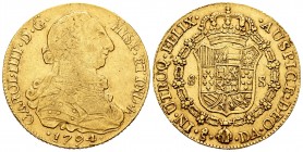Carlos IV (1788-1808). 8 escudos. 1794. Santiago. DA. (Cal 2008-153). (Cal 2019-1759). (Cal onza-1158). Au. 25,04 g.  Busto de Carlos III y ordinal II...