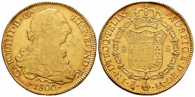 Carlos IV (1788-1808). 8 escudos. 1800. Santiago. JA. (Cal 2019-1767). Au. 27,00 g. Busto de Carlos III y ordinal IV. MBC+. Est...1100,00. English: Ch...