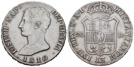José Napoleón (1808-1814). 20 reales. 1810. Madrid. AI. (Cal 2008-25). (Cal 2019-37). Ag. 26,55 g. Águila grande. Rayitas. MBC-. Est...150,00. English...