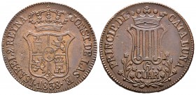 Isabel II (1833-1868). 6 cuartos. 1838. Barcelona. (Cal 2008-685). Ae. 12,74 g. MBC. Est...35,00. English: Elizabeth II (1833-1868). 6 cuartos. 1838. ...