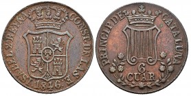 Isabel II (1833-1868). 6 cuartos. 1846. Barcelona. (Cal 2008-698). (Cal 2019-31). Ae. 14,50 g. Flores de 7 pétalos. MBC. Est...35,00. English: Elizabe...