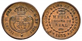 Isabel II (1833-1868). 1/2 décima de real. 1853. Segovia. (Cal 2008-586). (Cal 2019-140). Ae. 1,91 g. MBC+. Est...20,00. English: Elizabeth II (1833-1...