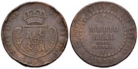 Isabel II (1833-1868). Medio real (5 décimas). 1850. Jubia. (Cal 2008-571). Ae. 18,81 g. Golpes. BC. Est...35,00. English: Elizabeth II (1833-1868). M...