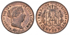 Isabel II (1833-1868). 5 céntimos de real. 1855. Segovia. (Cal 2008-612). Ae. 1,82 g. Restos de brillo original. EBC. Est...40,00. English: Elizabeth ...