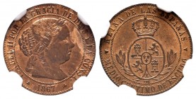 Isabel II (1833-1868). 1/2 céntimo de escudo. 1867. Segovia. OM. (Cal 2008-677). (Cal 2019-203). Ae. 1,23 g. Encapsulada por NGC como MS 63 RB. Brillo...