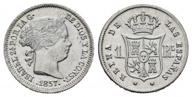 Isabel II (1833-1868). 1 real. 1857. Madrid. (Cal 2008-420). Ag. 1,43 g. Ligeramente limpiada. EBC. Est...35,00. English: Elizabeth II (1833-1868). 1 ...